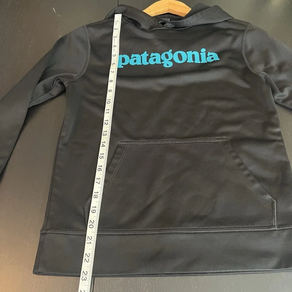 Patagonia Boys' Graphic PolyCycle Hoody Size Large 12‎ Black Teal Logo *READ*